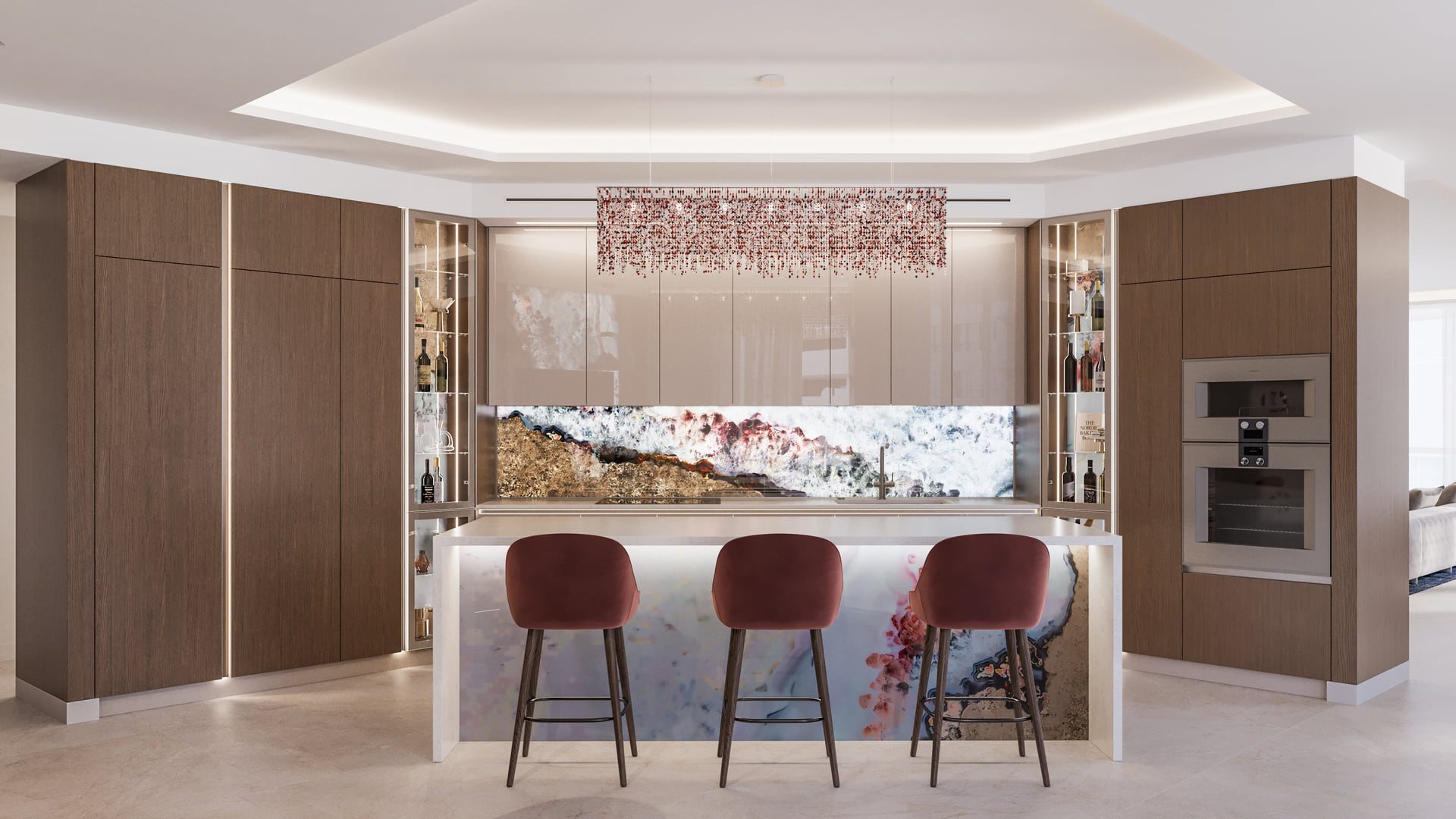 Coastal Contemporary Condo kitchen render with an island, illuminated stone backsplash and glass display cabinets