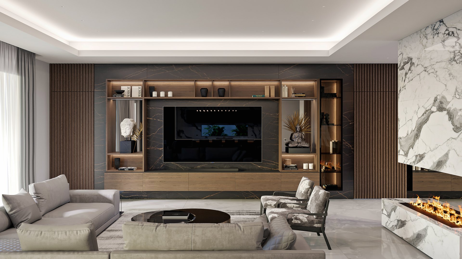 Modern luxury living room by Paradise City with a custom stone media wall, warm wood millwork, neutral seating, and a marble fireplace.