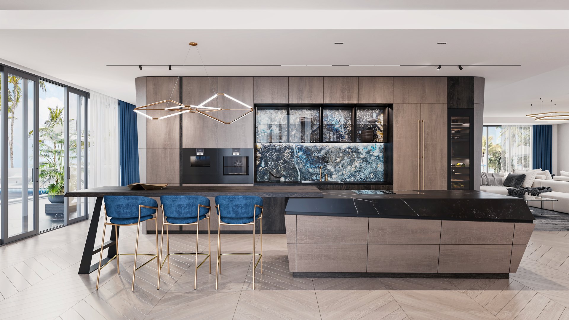 Modern luxury kitchen by Paradise City with custom cabinetry, a stone island, illuminated blue glass backsplash, brass details, and wood flooring.