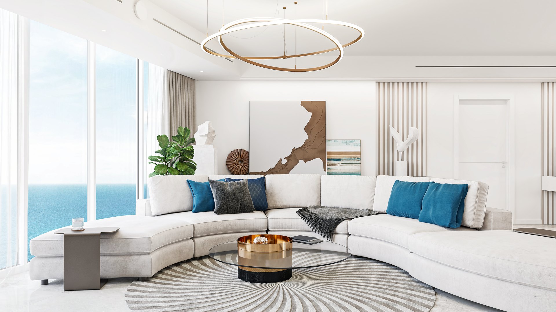 Bright modern ocean-view living room designed by Paradise City, featuring a curved white sectional, blue accents, bronze lighting, and panoramic South Florida water views.