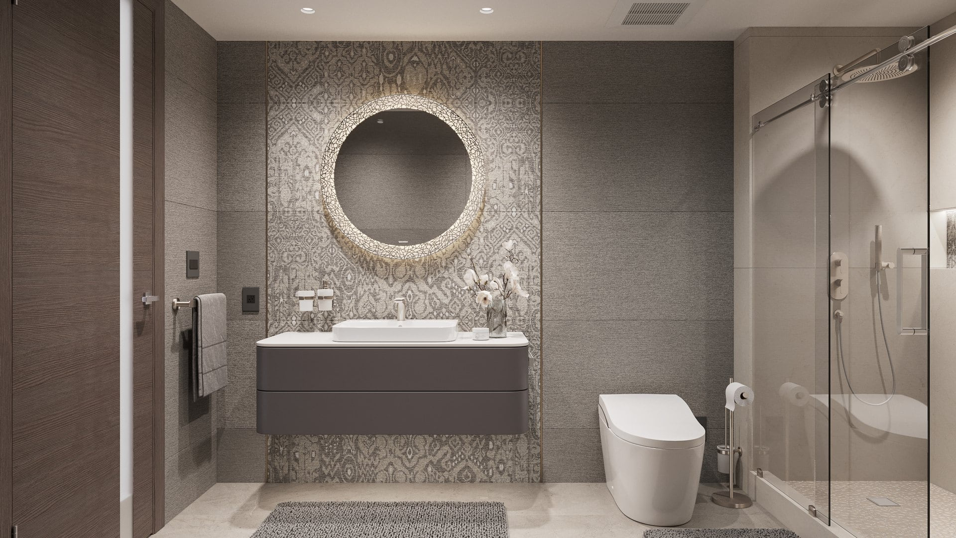 Guest bathroom front-view render showing the floating vanity, round mirror, patterned wall and glass shower.