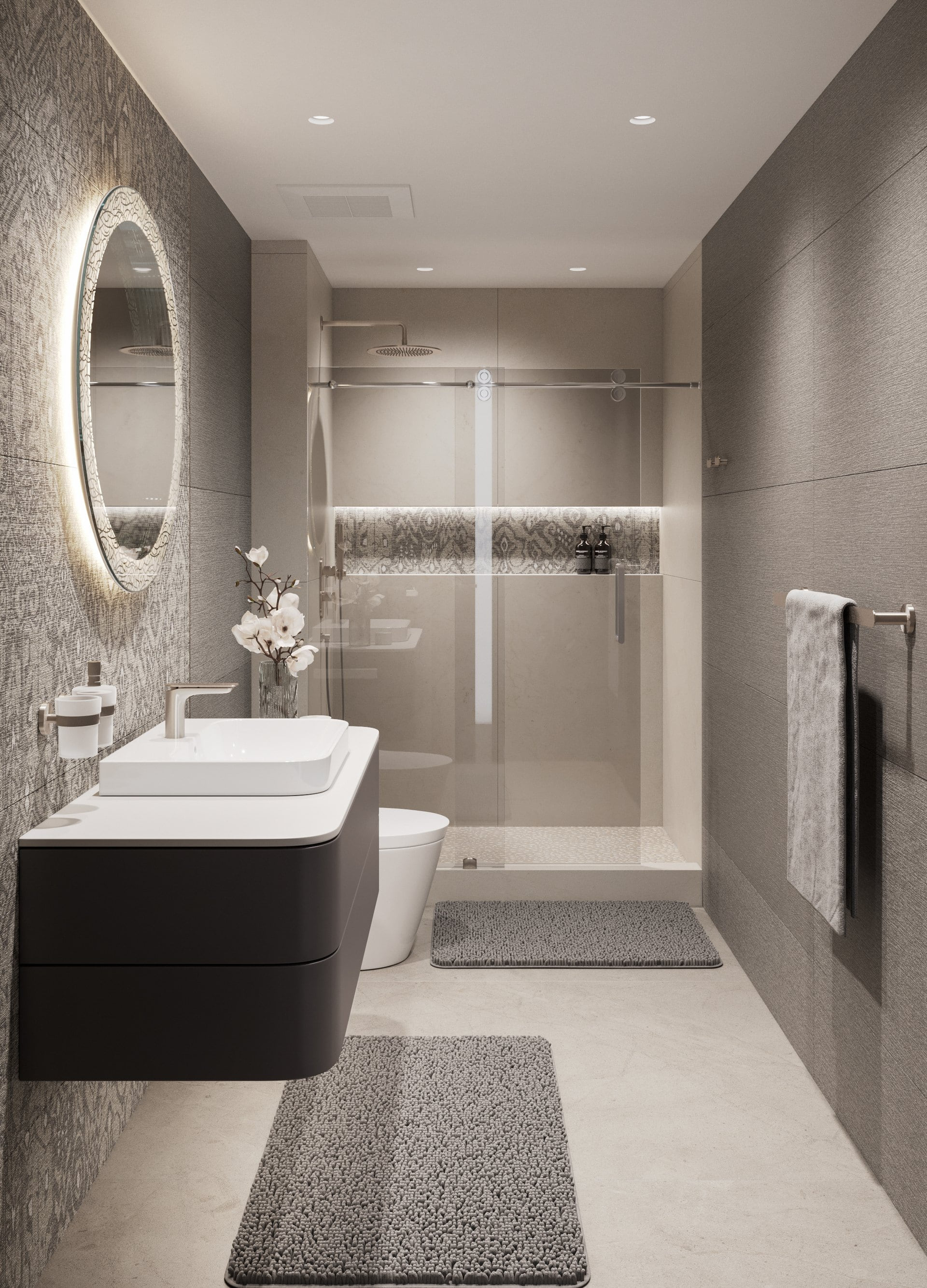 Guest bathroom render retaining the vanity and mirror at left, with the glass shower beyond.