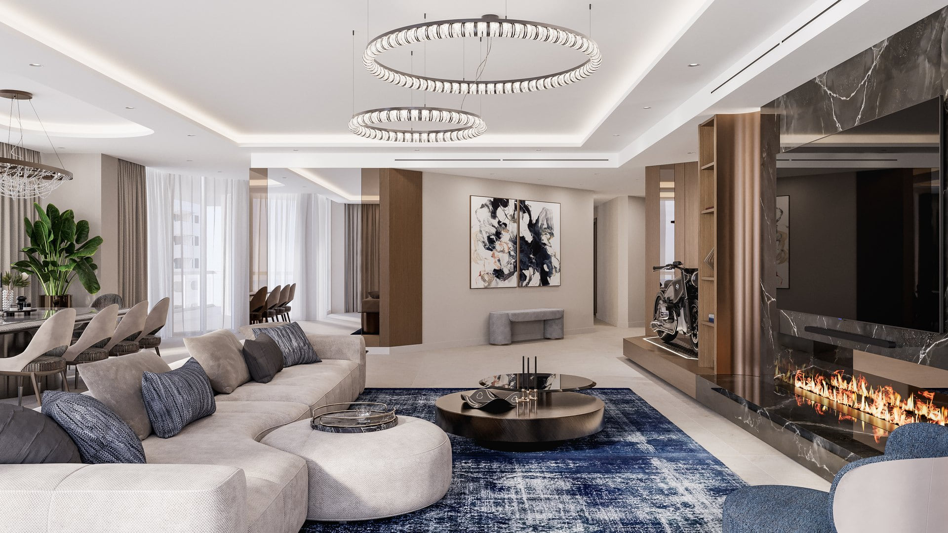 Living room render with curved seating, ring lights, a dark stone fireplace and warm wood cabinetry.