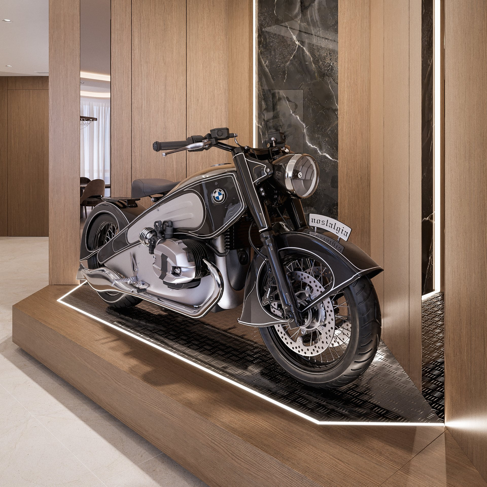 Render of a BMW motorcycle on an illuminated display platform within warm wood cabinetry.