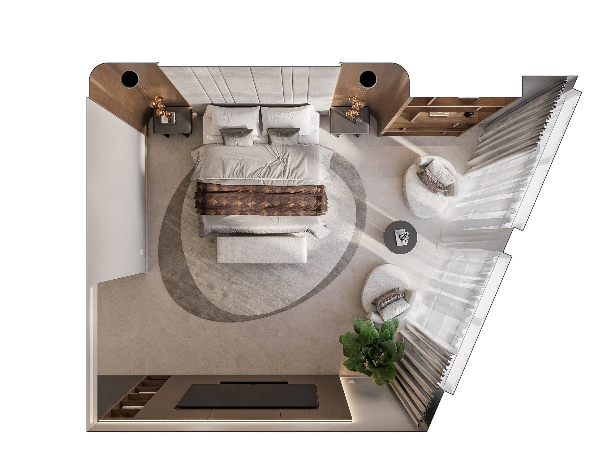 Overhead plan view of the Bellini Apartment primary bedroom with curved glazing, seating, bed, and media wall.