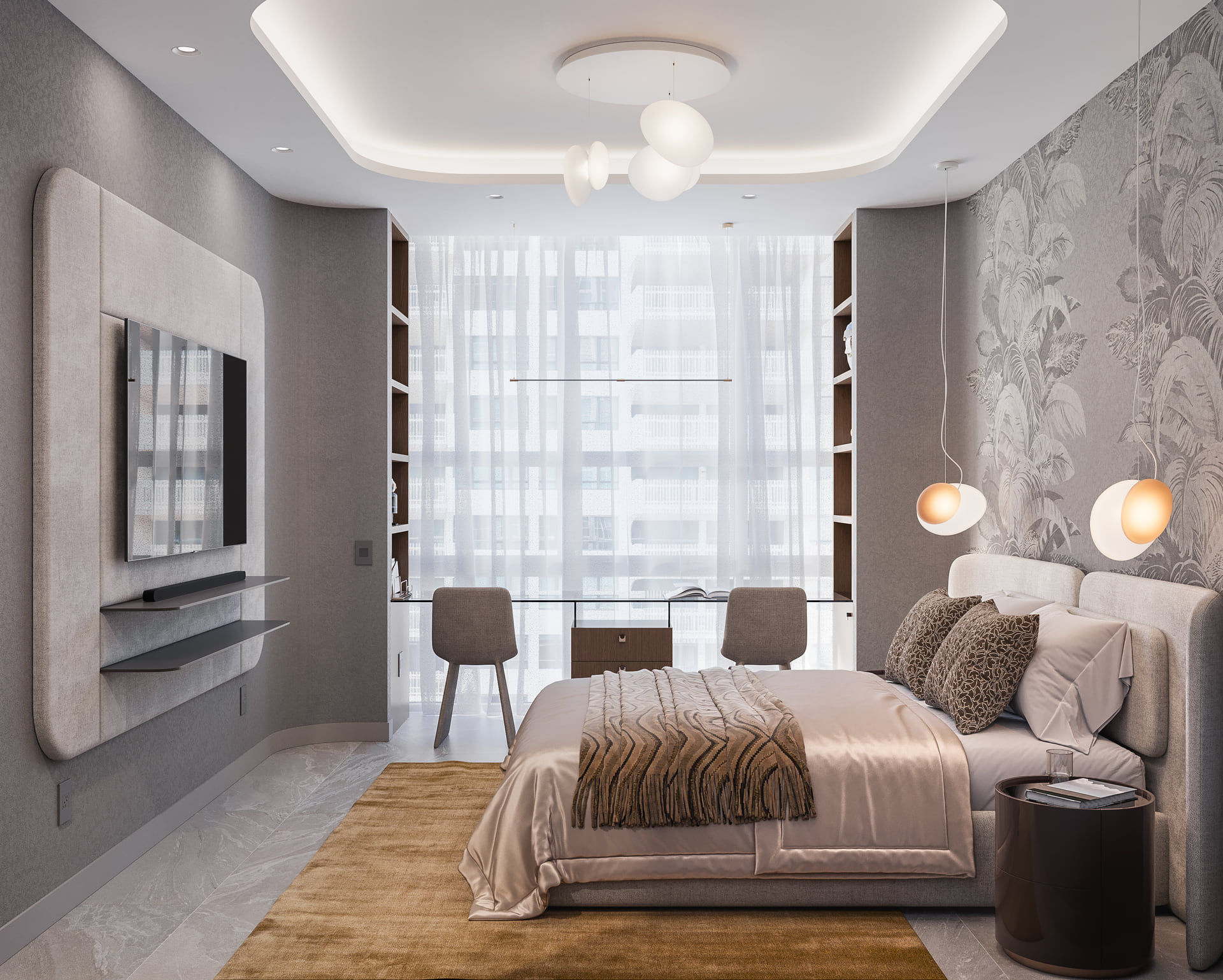 Guest bedroom and home-office render with a bed, glass desk at the window and built-in shelving.