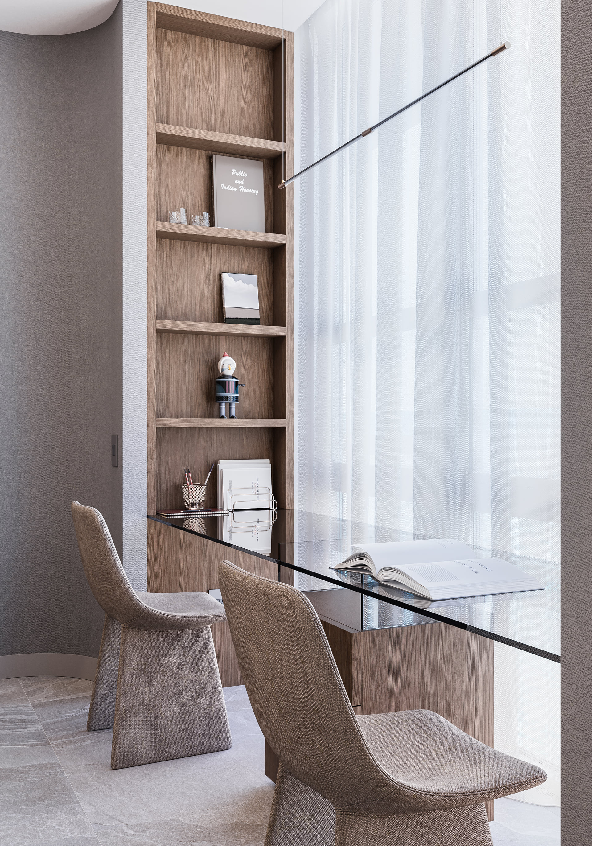 Home-office render showing a glass desk, two chairs, window and open wood shelving.