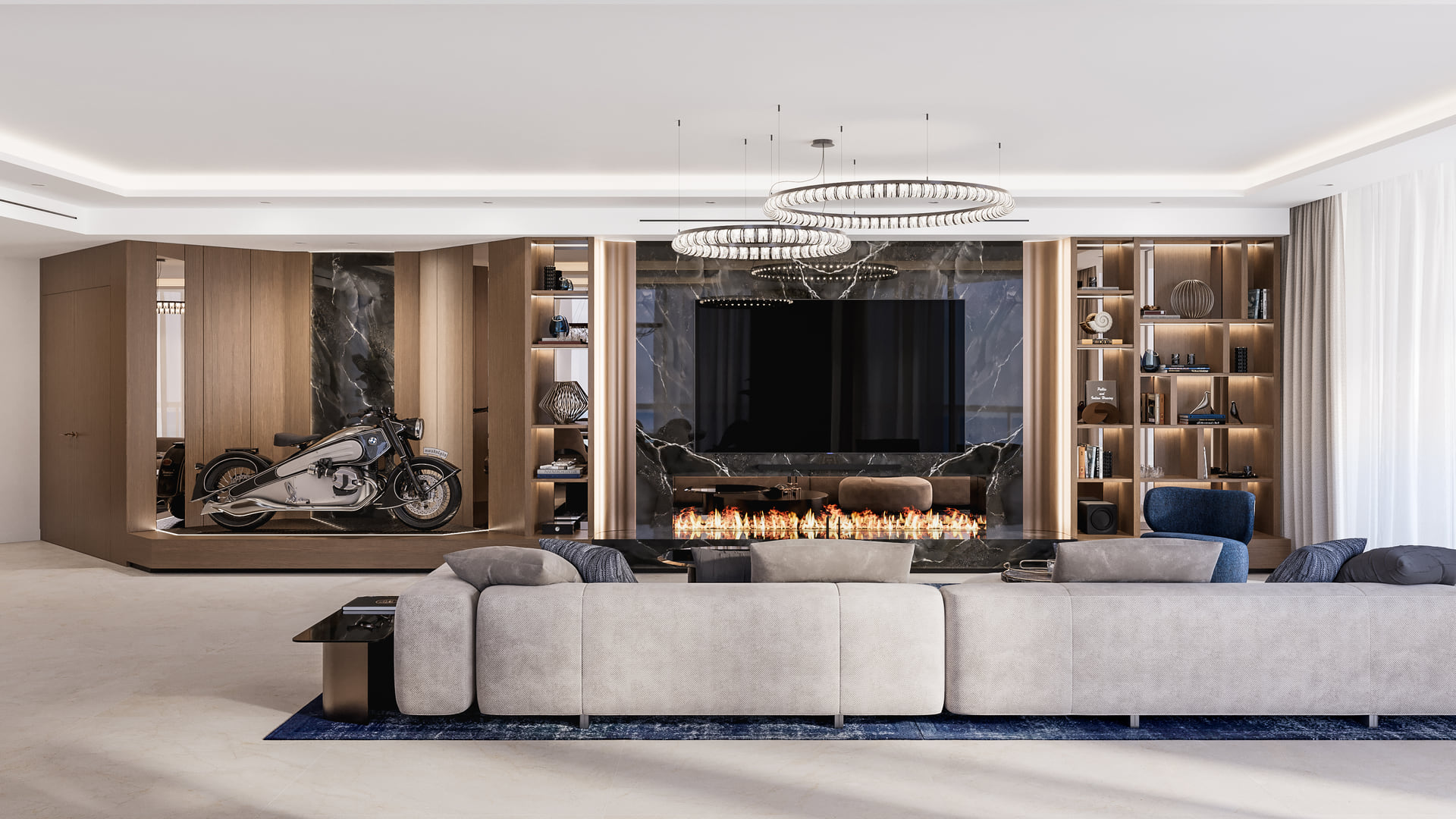 Full living-wall render with a motorcycle display, stone fireplace and illuminated wood shelving.