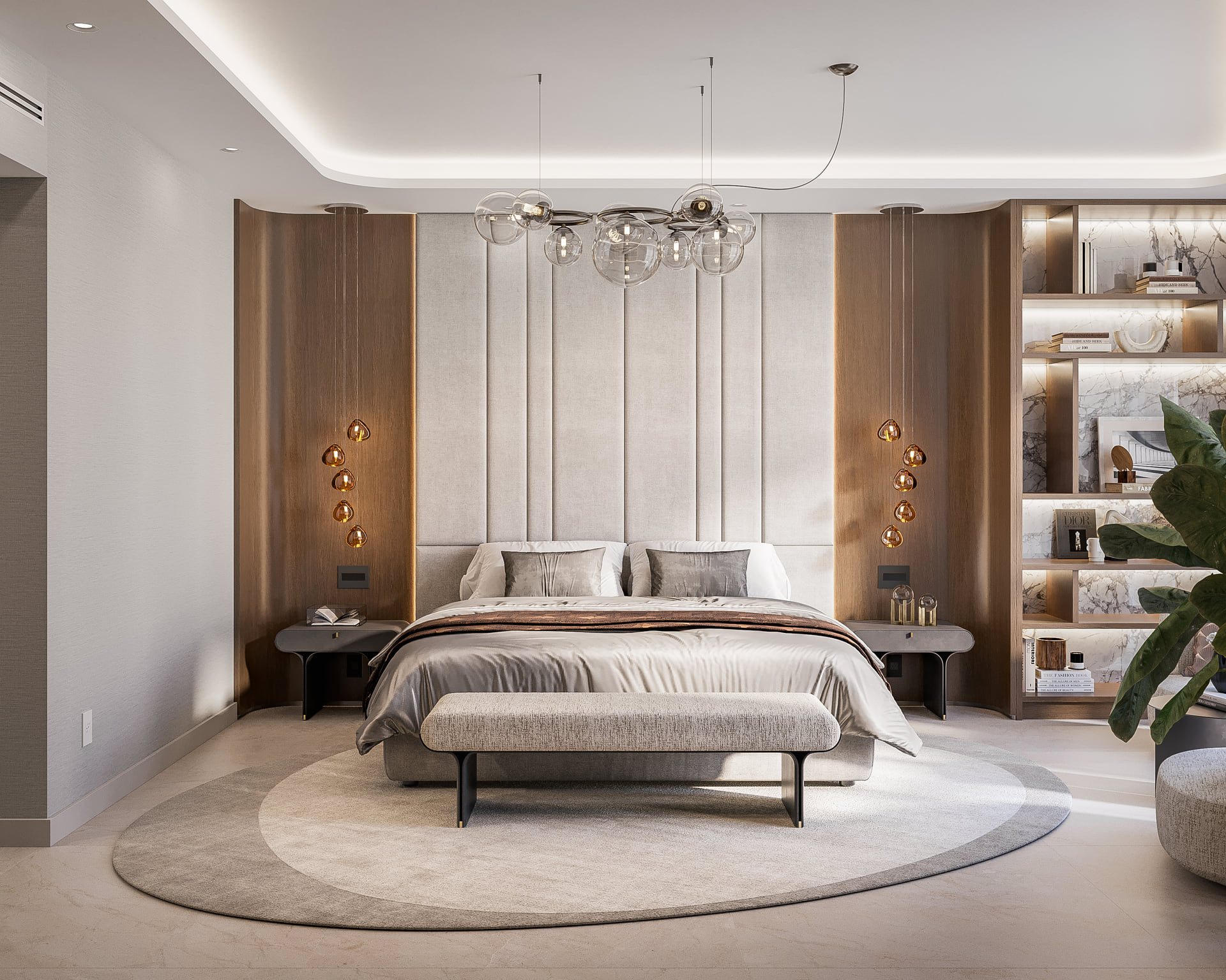 Primary bedroom render with an upholstered bed, paneled headboard, warm wood and illuminated shelving.