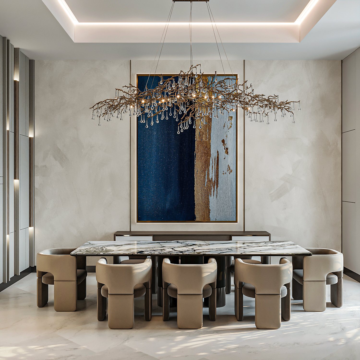 Formal dining room with a branch-like chandelier, stone table and blue artwork.