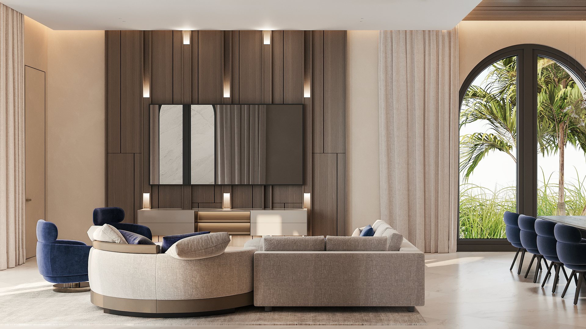 Family room with a warm wood media wall, curved pale seating, an arched window and dining area beyond.