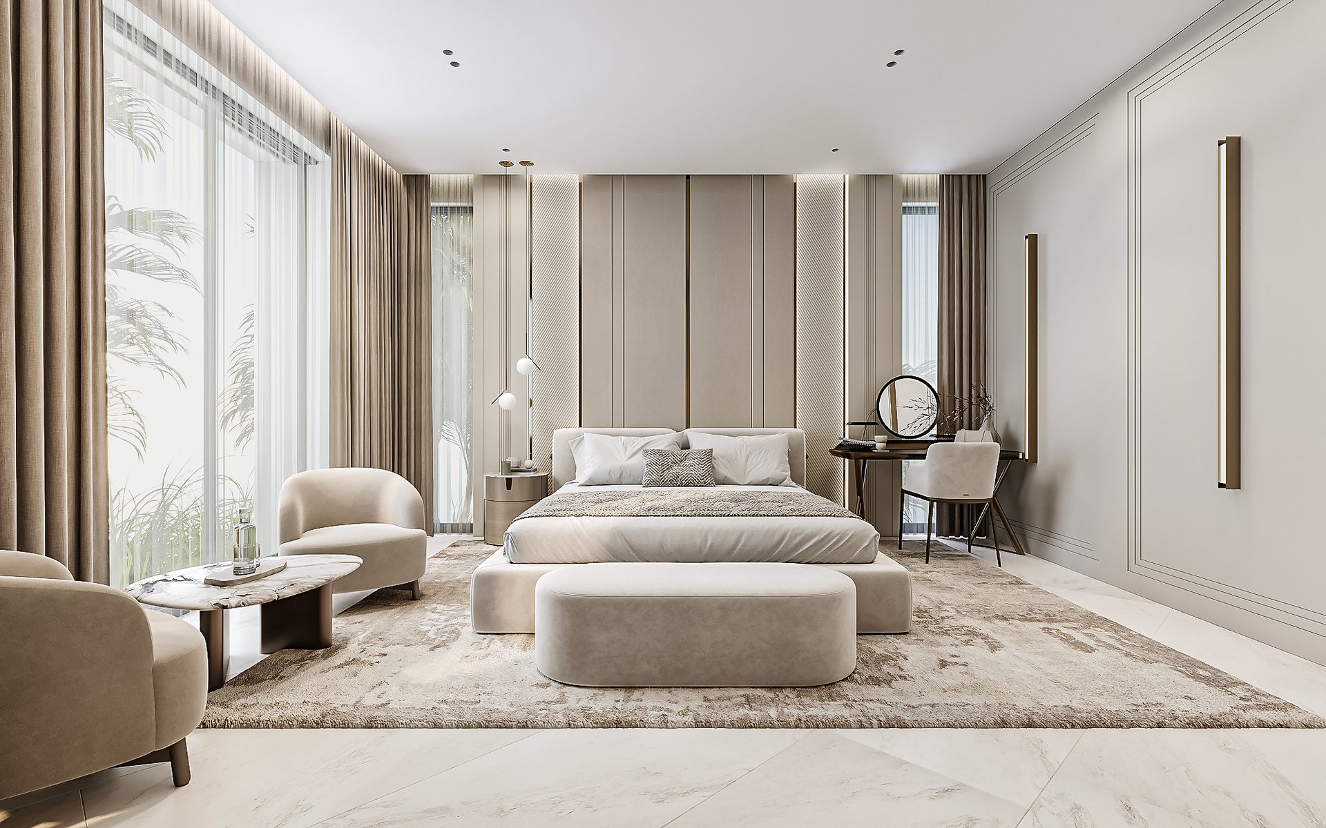 Guest bedroom with a pale upholstered bed, two sitting chairs and a dressing table.