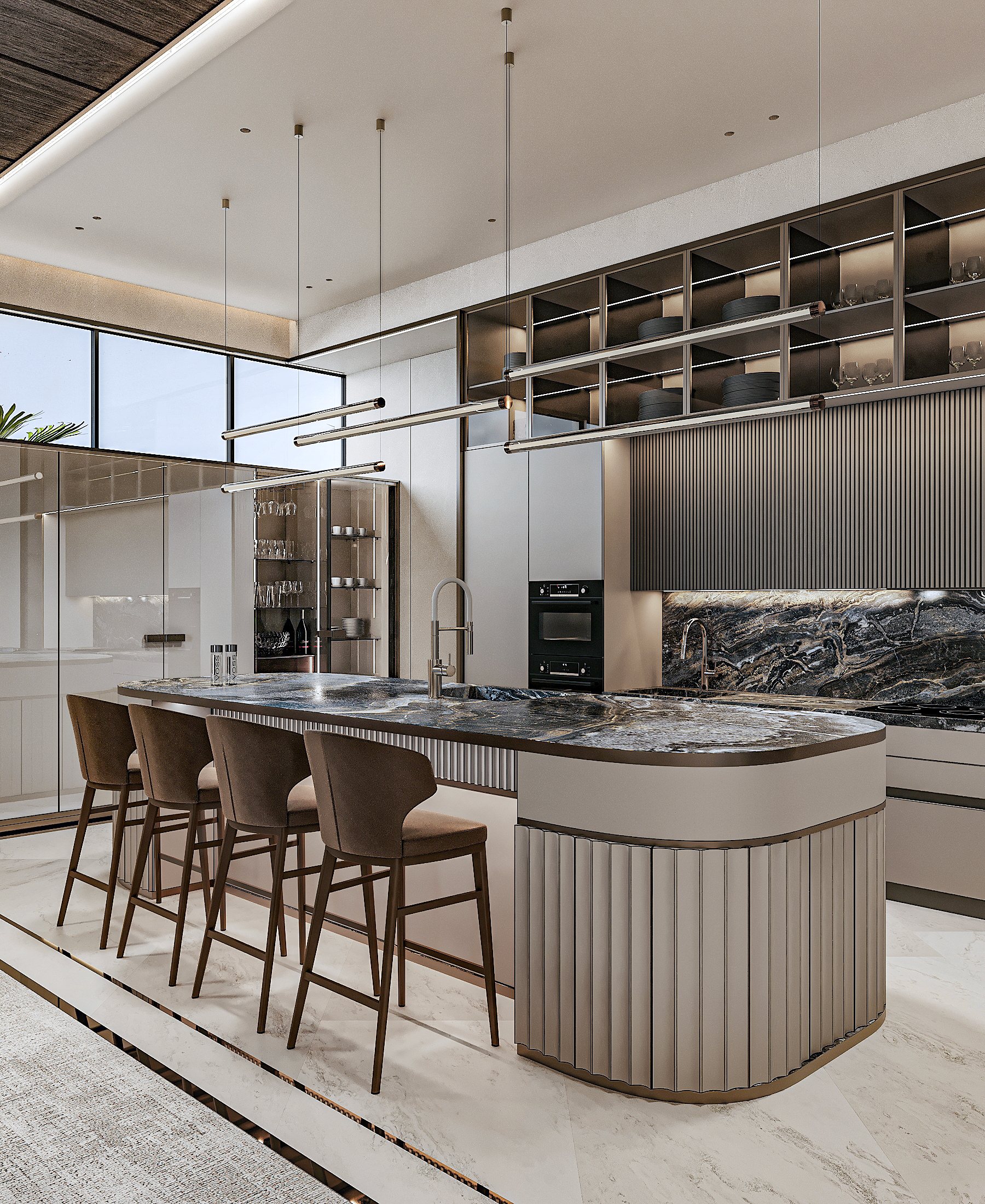 Kitchen island, warm cabinetry and pendant lighting, shown in a complete portrait view.