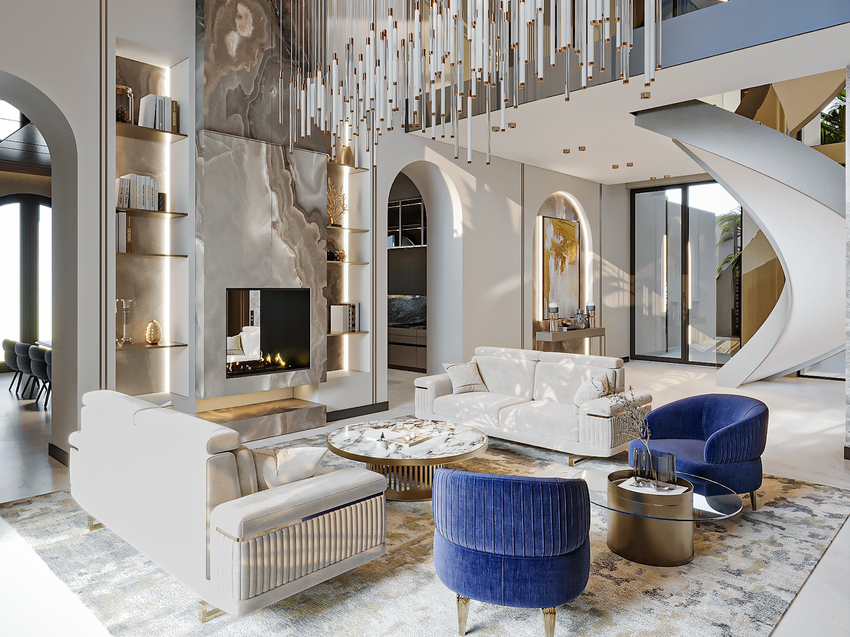 Wide living-room view with sculptural staircase, stone fireplace and blue lounge chairs.