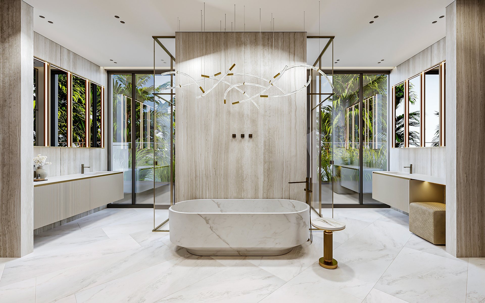 Primary bathroom with a freestanding tub, paired vanities and garden views.