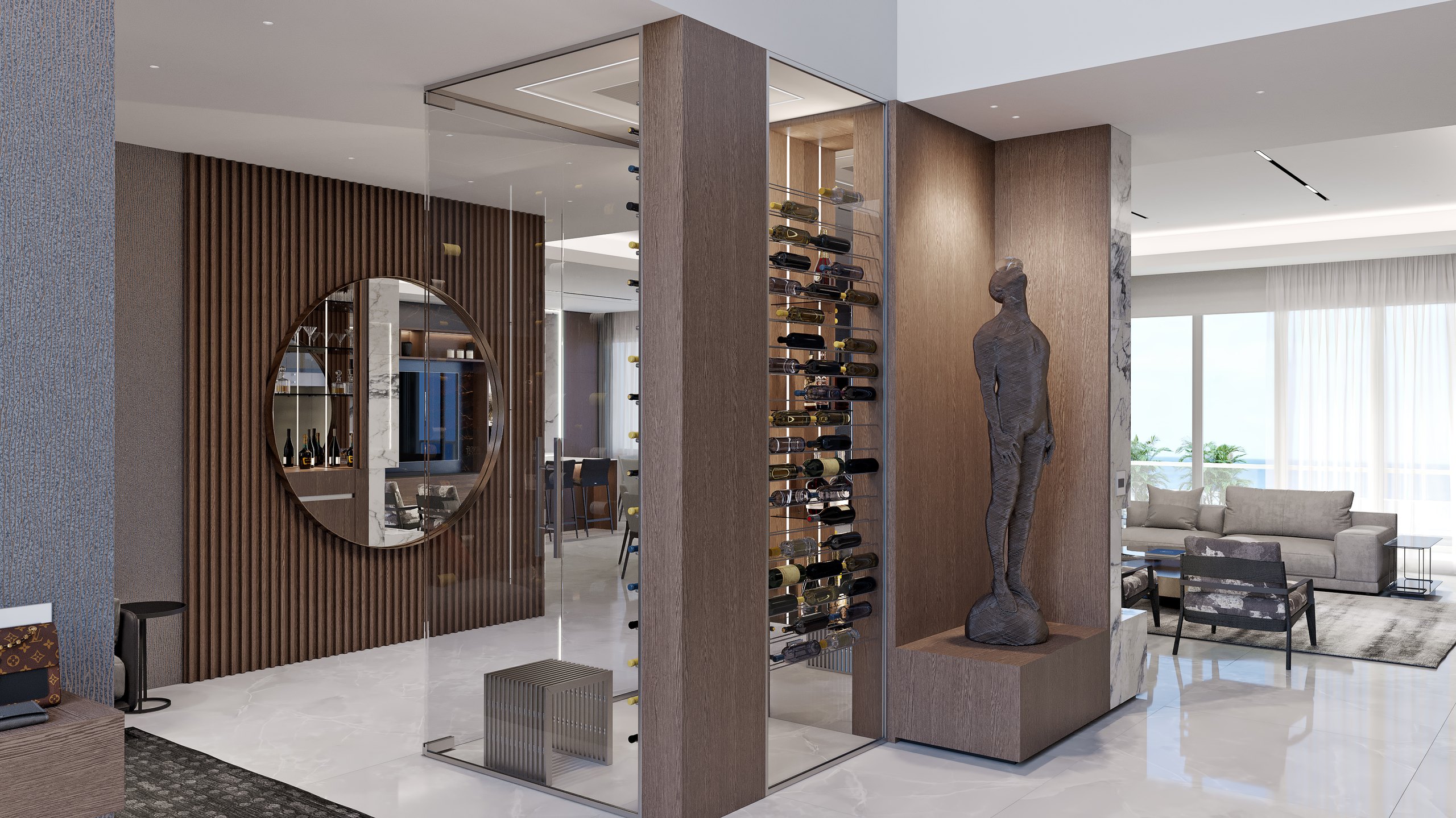 Refined Modern Residence entry with circular mirror, illuminated wine enclosure, sculpture, and living room beyond