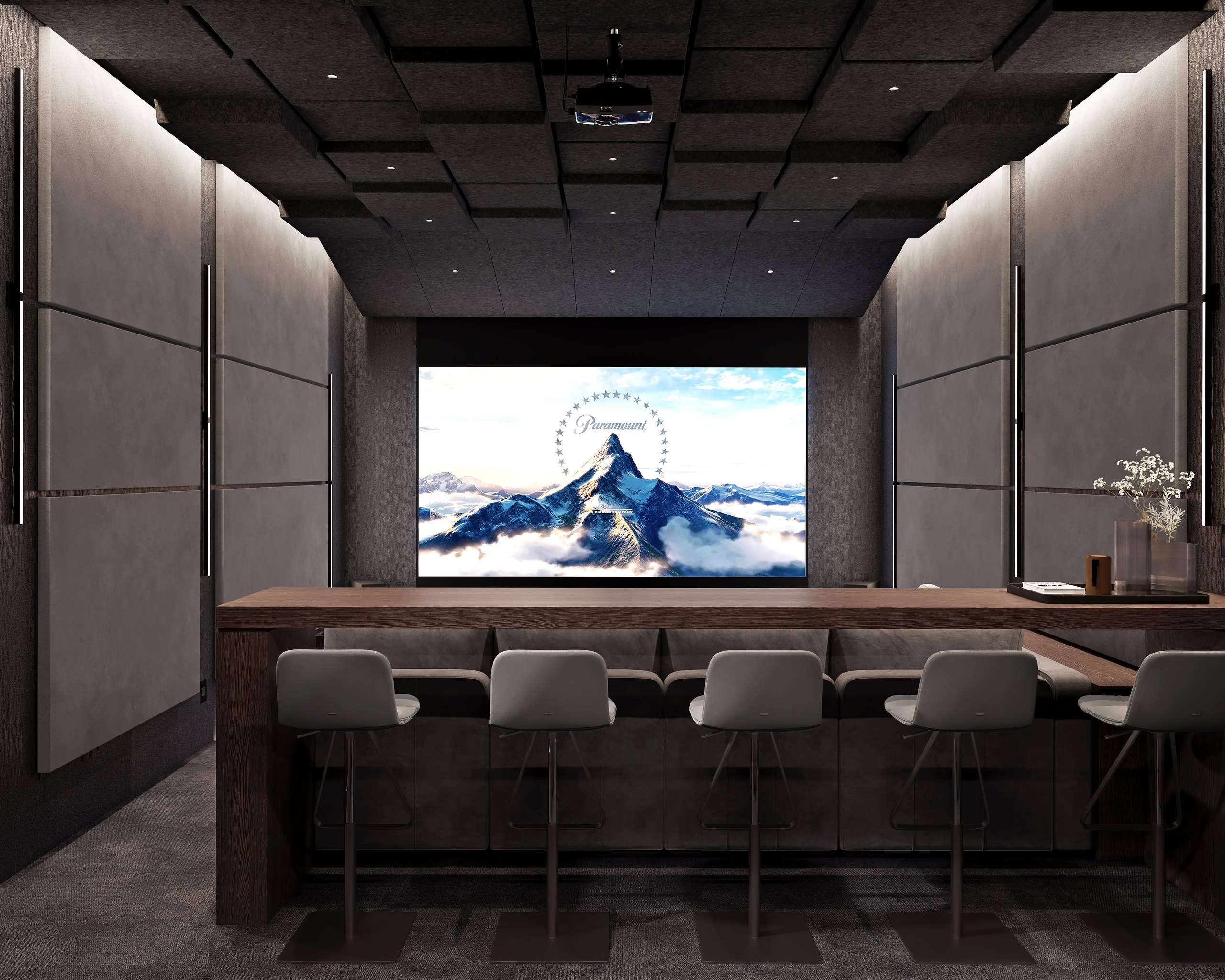 Refined Modern Residence theater with lounge seating, bar, and large screen