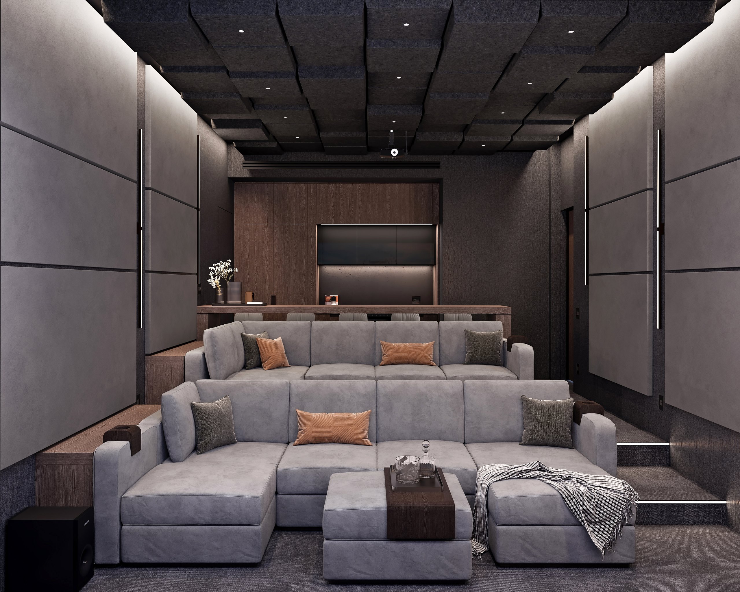Complementary theater view with gaming space, kitchenette, and acoustic treatment