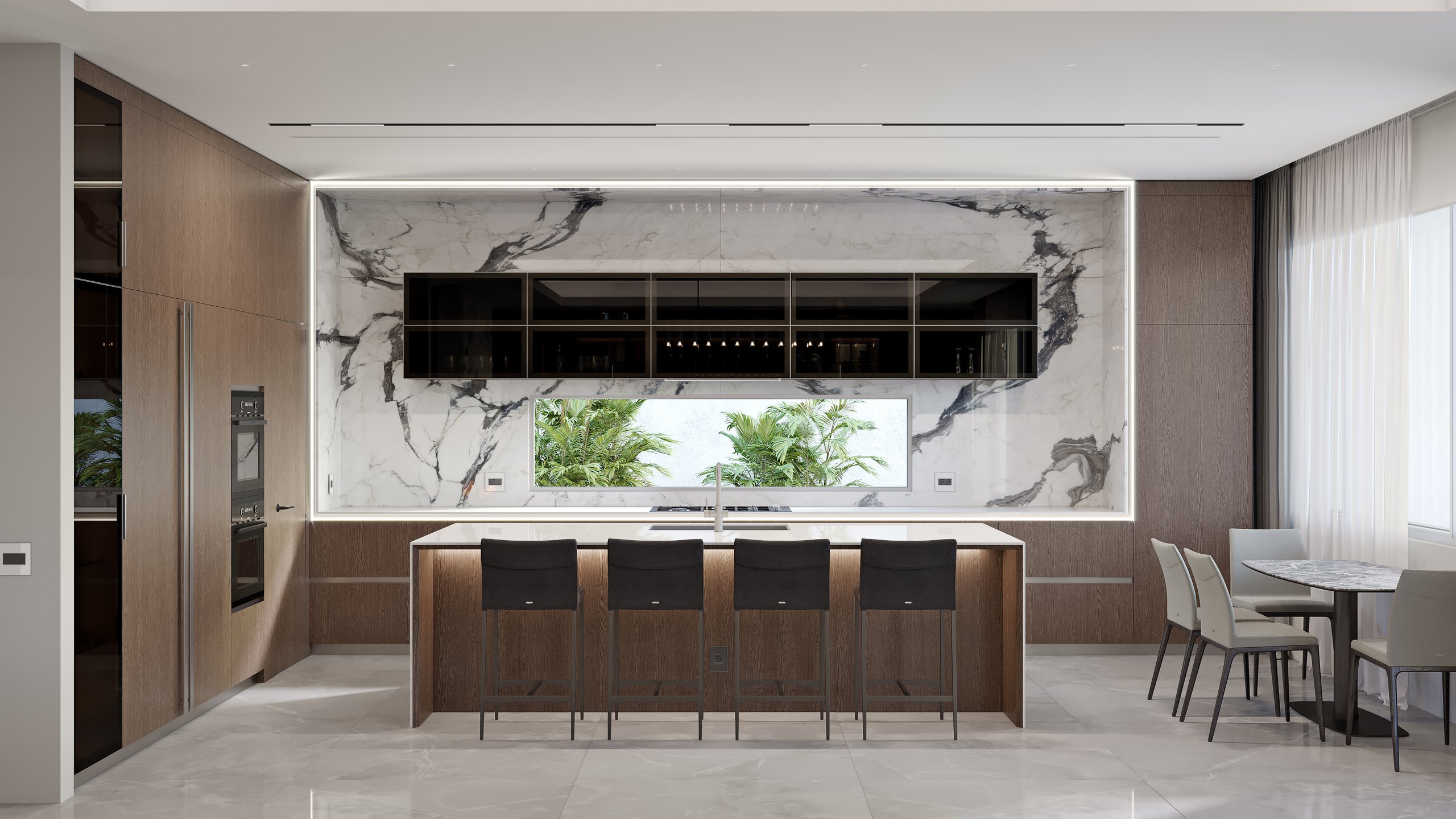 Refined Modern Residence kitchen with warm cabinetry, bright stone, and layered lighting