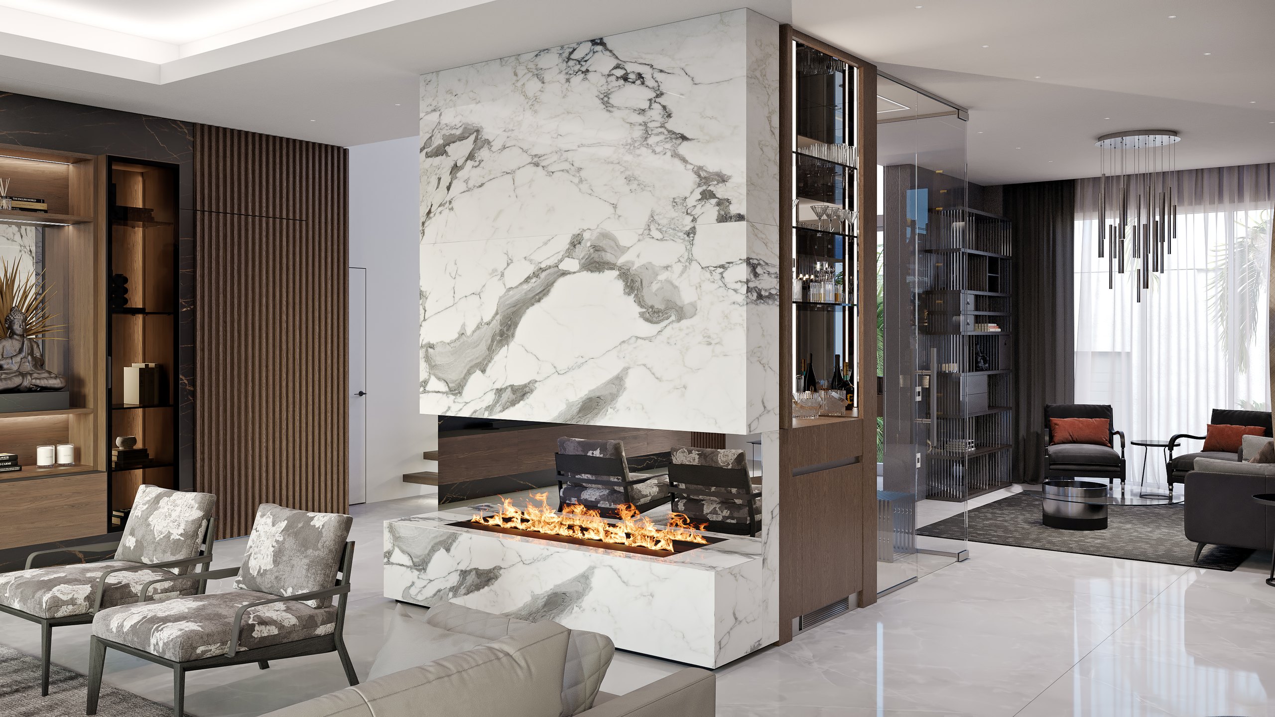 Finished living room showing the structural core integrated into the architecture