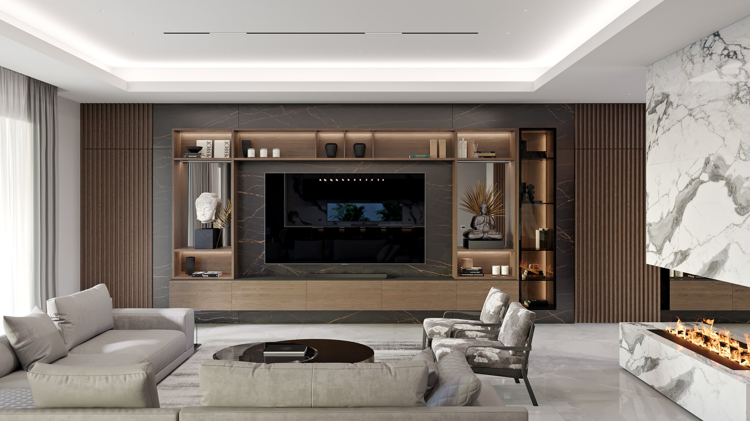 Refined Modern Residence living room with a clear uninterrupted media wall
