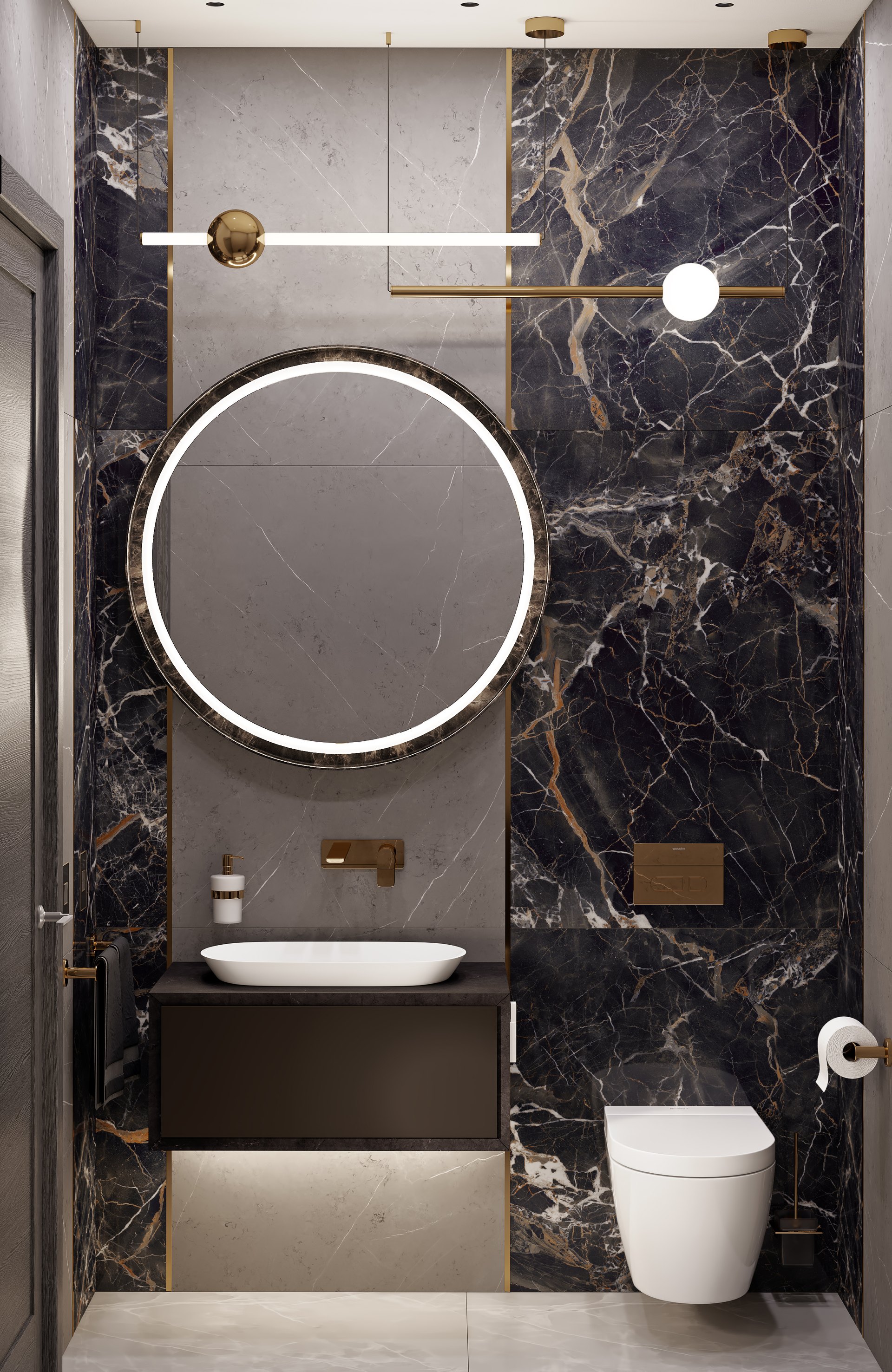 Refined Modern Residence powder room complete front view