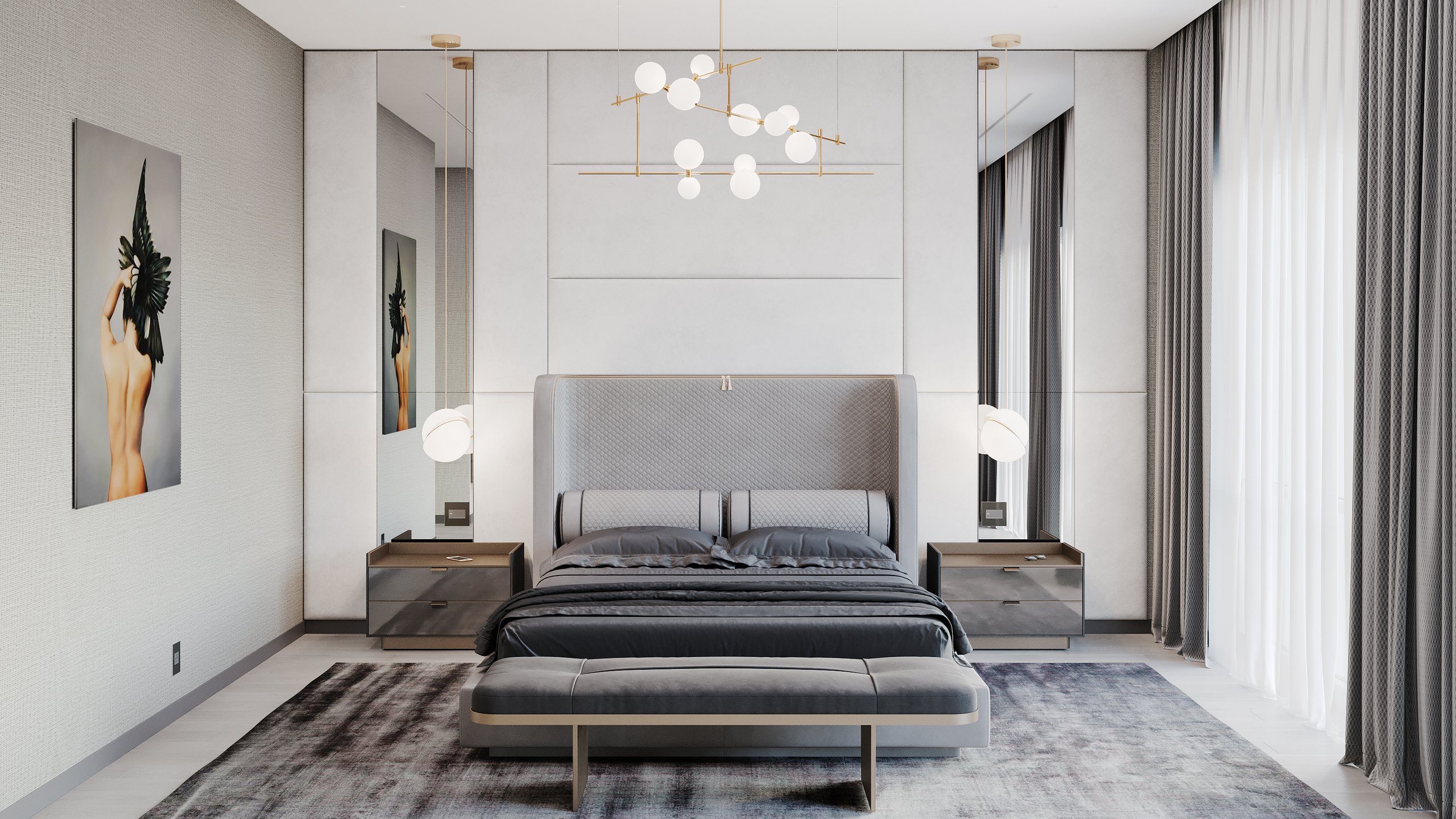 Refined Modern Residence primary bedroom bed-facing rendering with symmetry, soft textures and layered lighting