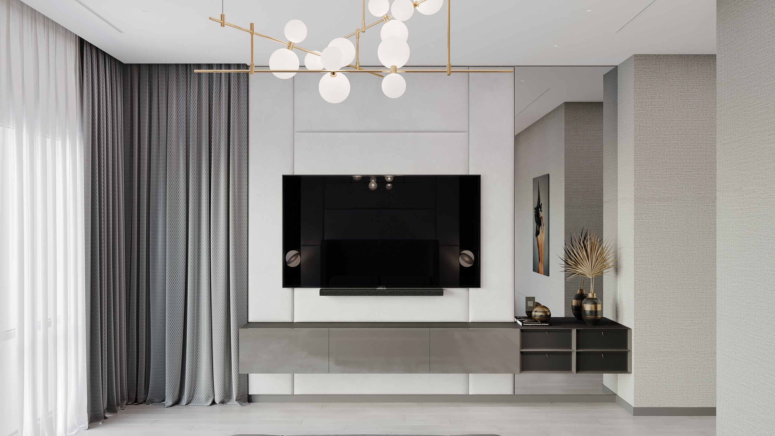 Complementary Refined Modern Residence primary bedroom rendering showing the integrated media wall