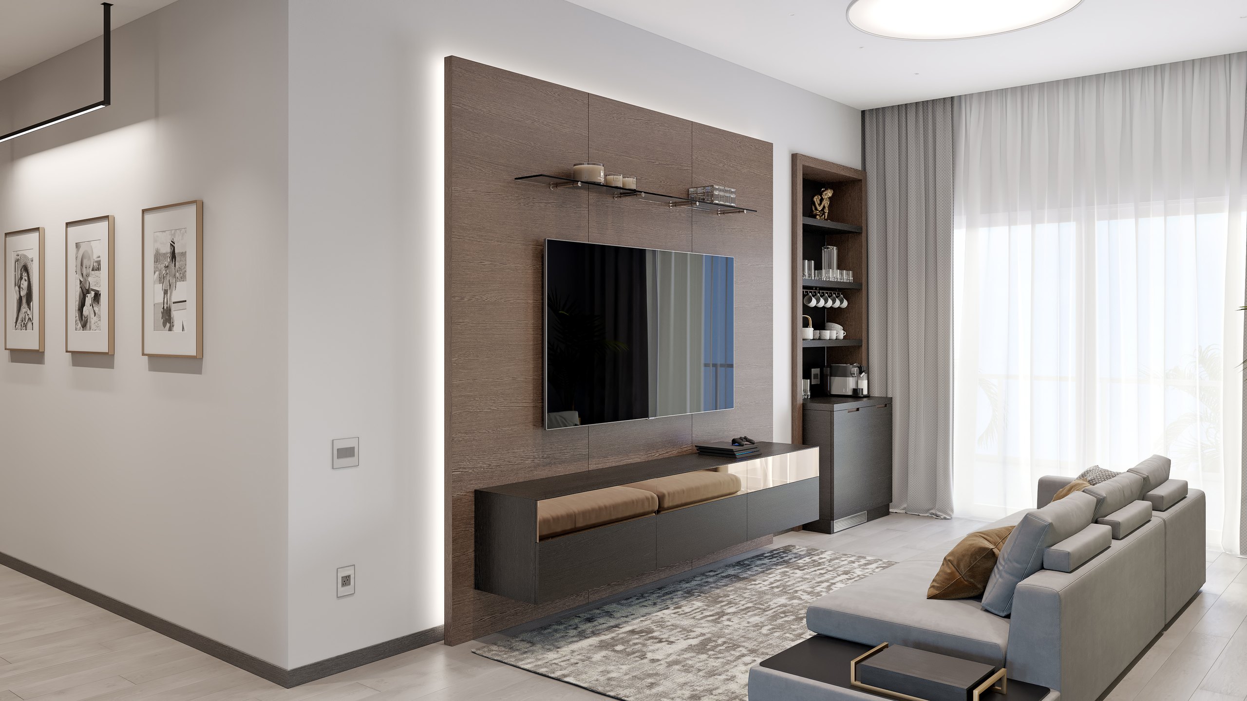 Refined Modern Residence lounge with warm millwork, soft seating and natural light