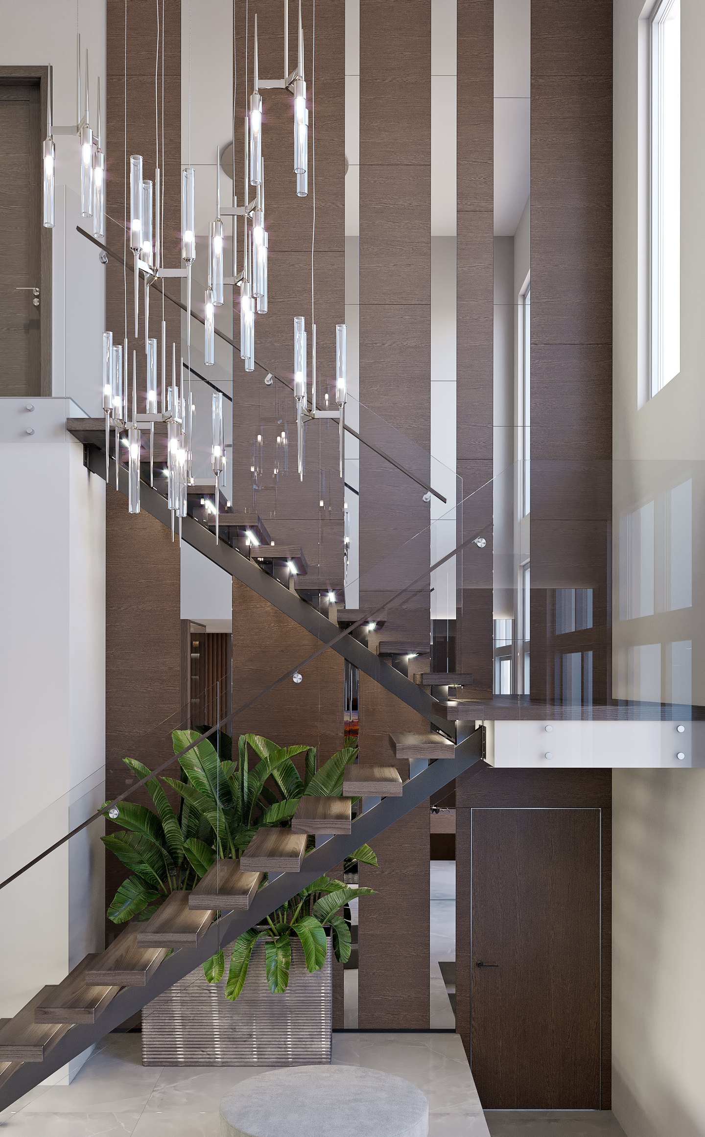 Refined Modern Residence staircase with sculptural lighting and layered architectural details